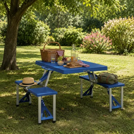 Set Tavolo Pieghevole con 4 Sgabelli in Alluminio Blu