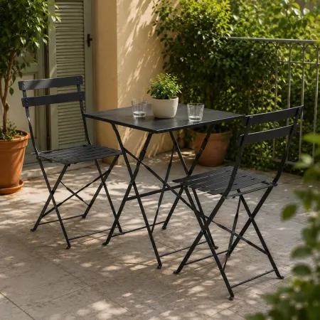 Tavolo e 2 Sedie Pieghevoli Nero in Ferro Tavolino da Balcone Esterno Giardino | BricoShop24