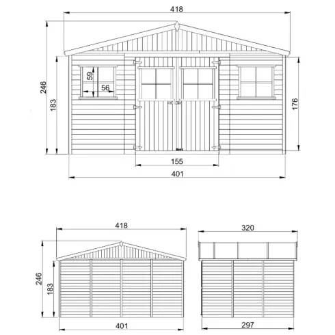 Casetta in Legno Giardino 4x3 17 mm Pavimento Porte Doppie Finestre