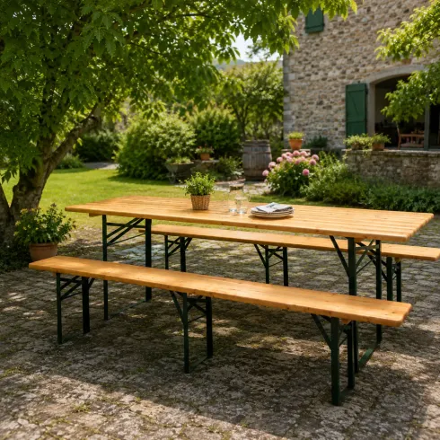 Set Birreria 220x80 in Legno Richiudibile con Tavolo 2 Panche a 3 Gambe