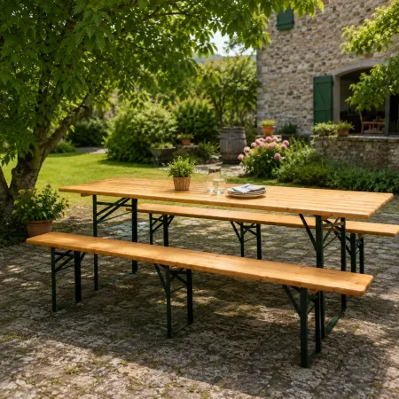 Set Birreria 220x80 in Legno Richiudibile con Tavolo 2 Panche a 3 Gambe