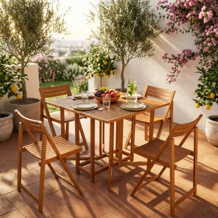 Set Tavolo 4 Sedie Pranzo Pieghevole Legno da Giardino Pic Nic Terrazzo