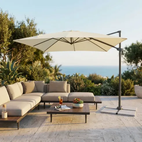 Ombrellone per Giardino 3x3 Palo Laterale Ecrù Nero Base a Crociera