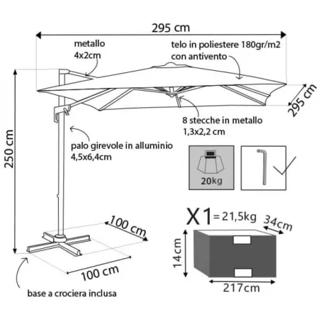 Ombrellone per Giardino 3x3 Palo Laterale Ecrù Nero Base a Crociera