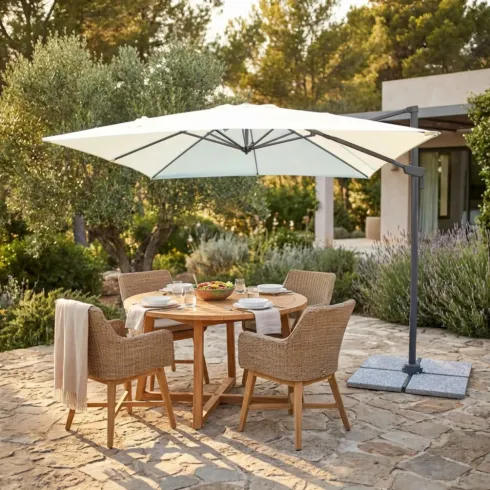 Ombrellone per Giardino 3x3 Palo Laterale Ecrù Nero Base a Crociera