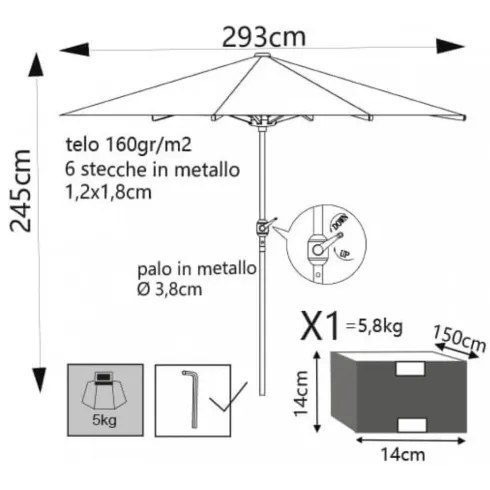 Ombrellone per Giardino 3x3 Rotondo Eco Palo Centrale Bianco Acciaio