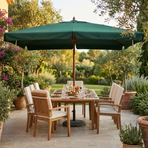 Ombrellone per Giardino 3x4 Rettangolare Palo Centrale Verde Legno