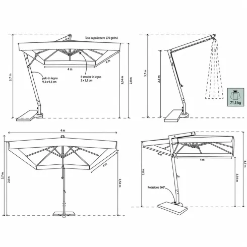Ombrellone per Giardino 3x4 Palo Laterale Ecrù Struttura Legno Rotante
