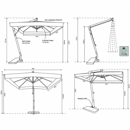 Ombrellone per Giardino 3x4 Palo Laterale Ecrù Struttura Legno Rotante
