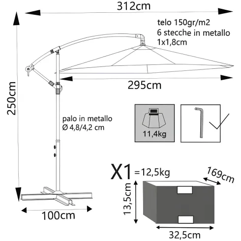 Ombrellone per Giardino 3x3 m Palo Laterale Bianco Antracite