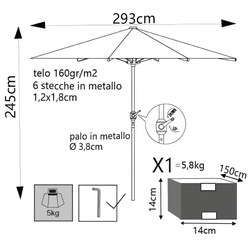 Ombrellone per Giardino 3x3 Rotondo Beige Palo Centrale con Carrucola