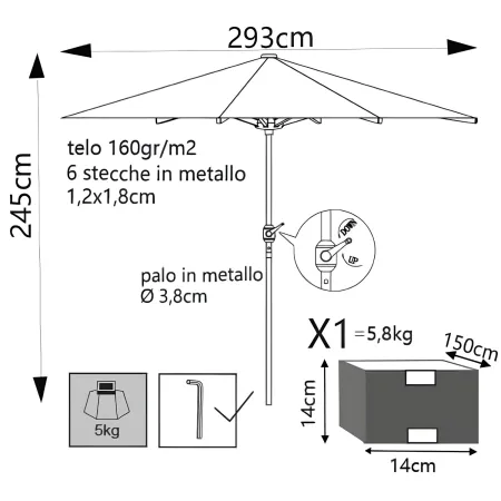 Ombrellone per Giardino 3x3 Rotondo Beige Palo Centrale con Carrucola
