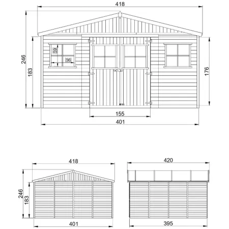 Casetta in Legno Giardino 4x4 17 mm Pavimento Porte Doppie Finestre