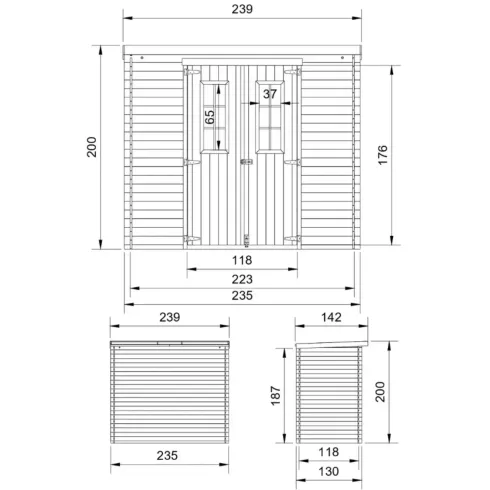 Casetta da Giardino 235x130 Legno 19 mm Doppia Porta Finestrata 3 m2