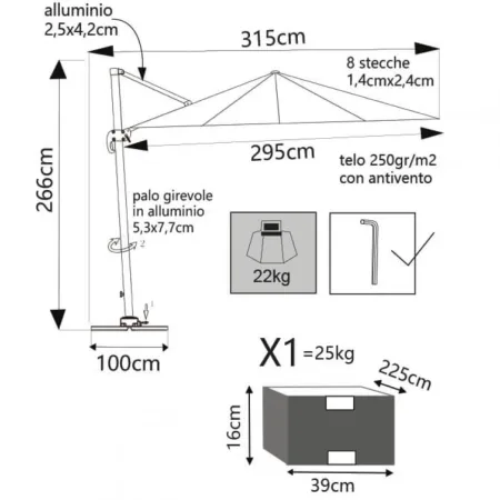 Ombrellone per Giardino 3x3 m Palo Laterale Ecrù Base a Crociera