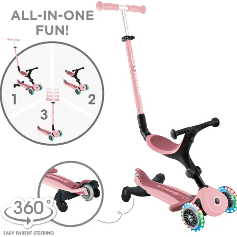 Monopattino Evolutivo 3 in 1 Rosa Pastello con Luci LED Sterzo 360