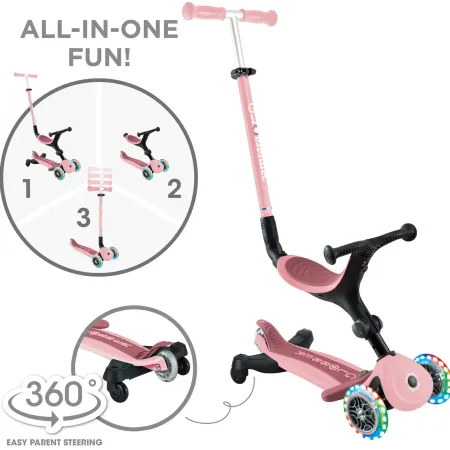 Monopattino Evolutivo 3 in 1 Rosa Pastello con Luci LED Sterzo 360