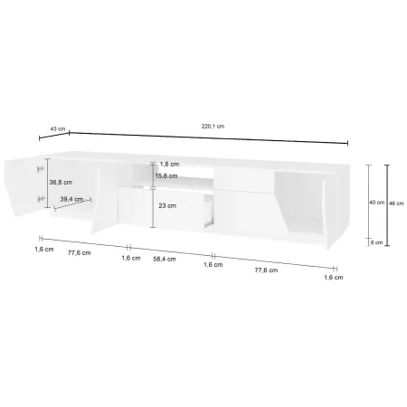 Mobile Porta TV 220 cm Bianco Laccato Lucido 4 Ante Vano Cassetto Legno