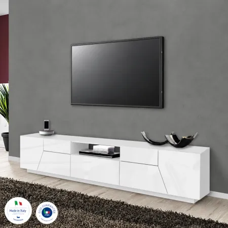 Mobile Porta TV 220 cm Bianco Laccato Lucido 4 Ante Vano Cassetto Legno