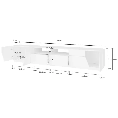 Mobile Porta TV 260 cm Bianco Lucido Laccato 4 Ante 2 Cassetti Legno