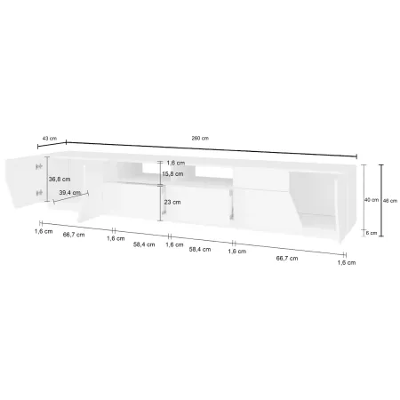 Mobile Porta TV 260 cm Bianco Lucido Laccato 4 Ante 2 Cassetti Legno