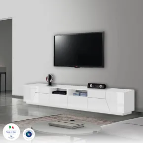 Mobile Porta TV 260 cm Bianco Lucido Laccato 4 Ante 2 Cassetti Legno 2