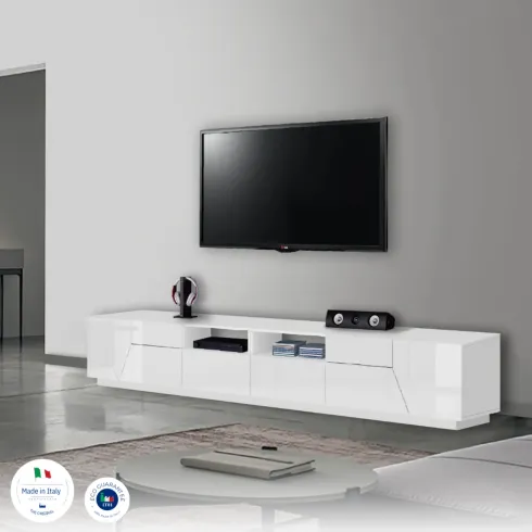 Mobile Porta TV 260 cm Bianco Lucido Laccato 4 Ante 2 Cassetti Legno
