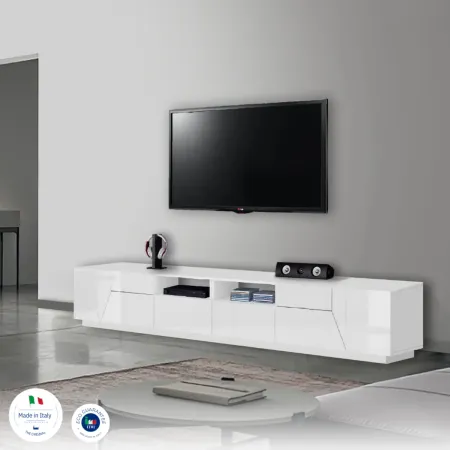 Mobile Porta TV 260 cm Bianco Lucido Laccato 4 Ante 2 Cassetti Legno