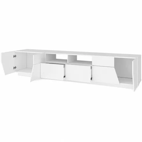 Mobile Porta TV 260 cm Bianco Lucido Laccato 4 Ante 2 Cassetti Legno