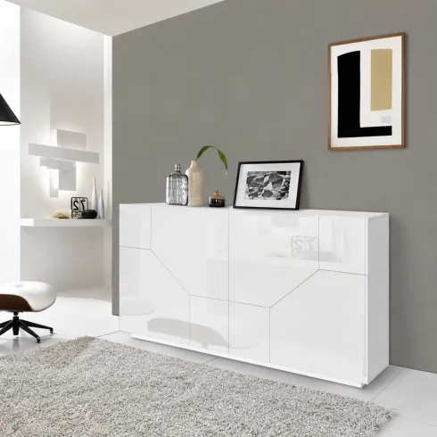 Credenza da Soggiorno 200 cm Bianco Laccato Lucido 4 Ante 2 Ripiani
