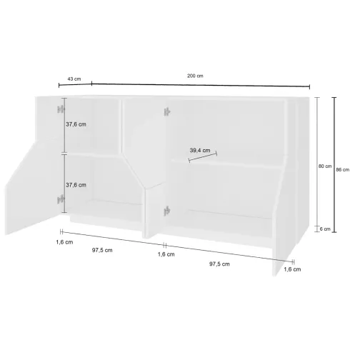 Credenza da Soggiorno 200 cm Bianco Laccato Lucido 4 Ante 2 Ripiani