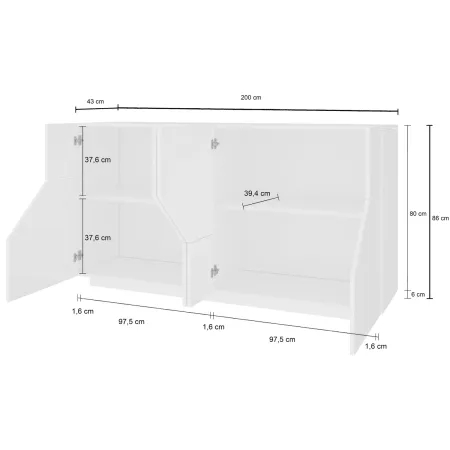 Credenza da Soggiorno 200 cm Bianco Laccato Lucido 4 Ante 2 Ripiani