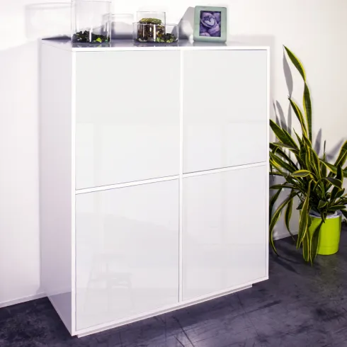 Credenza Alta da Soggiorno 100 cm Bianco Laccato Lucido 4 Ante 6 Vani