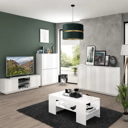 Credenza Alta da Soggiorno 100 cm Bianco Laccato Lucido 4 Ante 6 Vani
