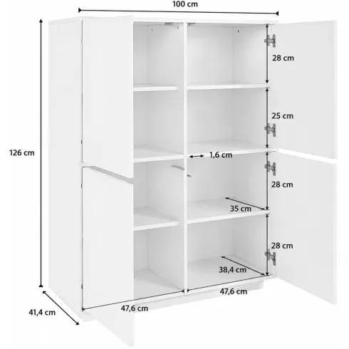 Credenza Alta da Soggiorno 100 cm Bianco Laccato Lucido 4 Ante 6 Vani