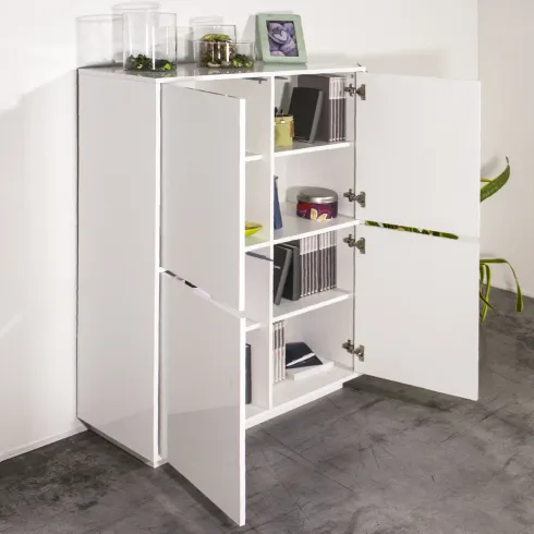 Credenza Alta da Soggiorno 100 cm Bianco Laccato Lucido 4 Ante 6 Vani