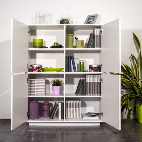 Credenza Alta da Soggiorno 100 cm Bianco Laccato Lucido 4 Ante 6 Vani