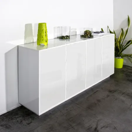 Credenza da Soggiorno 180 cm Bianco Laccato Lucido 4 Ante Push to Open
