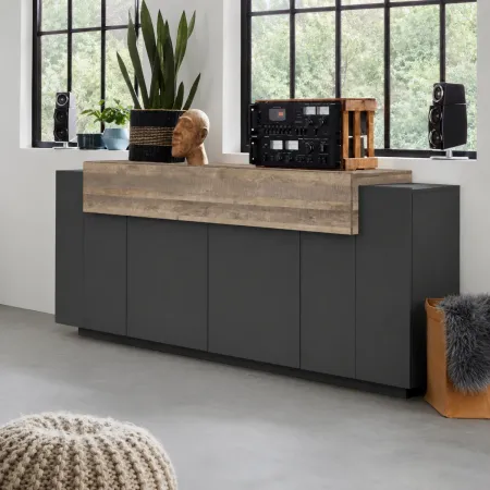 Credenza da Soggiorno 200 cm 4 Ante Battenti 1 Ribalta Antracite Rovere
