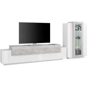 Mobile Televisore da Salotto 200 cm con Vetrina Bianco Lucido Cemento