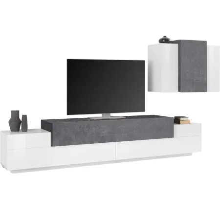 Mobile TV da Terra 240 cm con Pensile in Legno Bianco Lucido Report