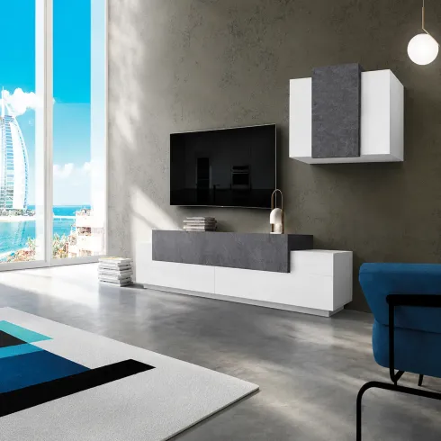 Mobile TV da Terra 240 cm con Pensile in Legno Bianco Lucido Report