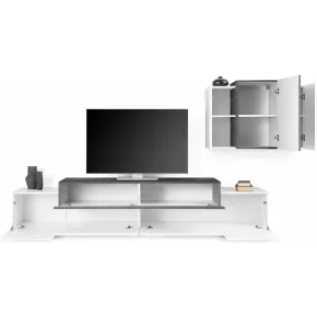 Mobile TV da Terra 240 cm con Pensile in Legno Bianco Lucido Report 2