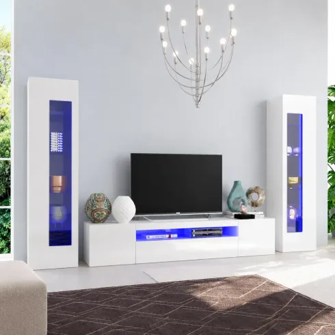 Mobile Porta TV da Soggiorno con 2 Vetrine Bianco Lucido 290 cm
