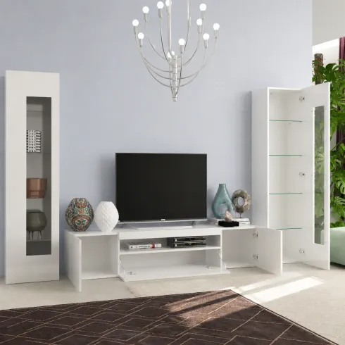 Mobile Porta TV da Soggiorno con 2 Vetrine Bianco Lucido 290 cm