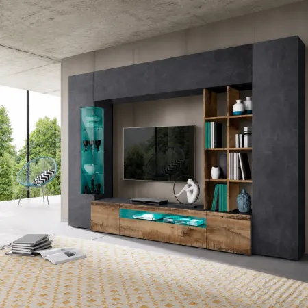 Parete da Soggiorno Mobile TV Vetrina Pensili 290 cm Ardesia Acero