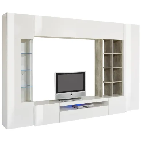 Parete Attrezzata TV Moderna 290 cm in Legno Bianco Lucido Cemento