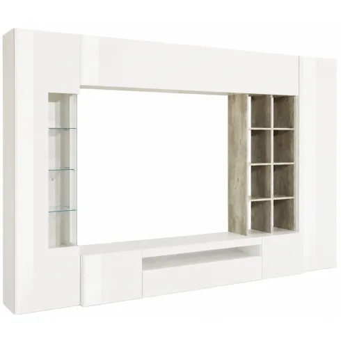 Parete Attrezzata TV Moderna 290 cm in Legno Bianco Lucido Cemento