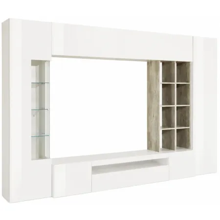 Parete Attrezzata TV Moderna 290 cm in Legno Bianco Lucido Cemento