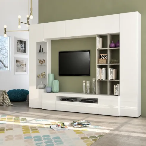 Parete Attrezzata TV Moderna 290 cm in Legno Bianco Lucido Cemento